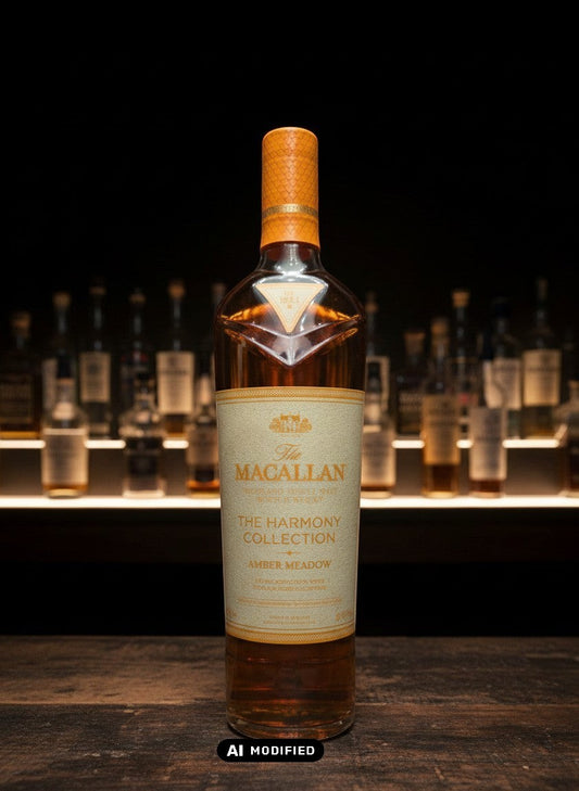 Whiskyquartier Macallan Harmony Collection Amber Meadow 0,7L Flasche mit orangefarbenem Verschluss und Etikett aus Naturmaterialien.