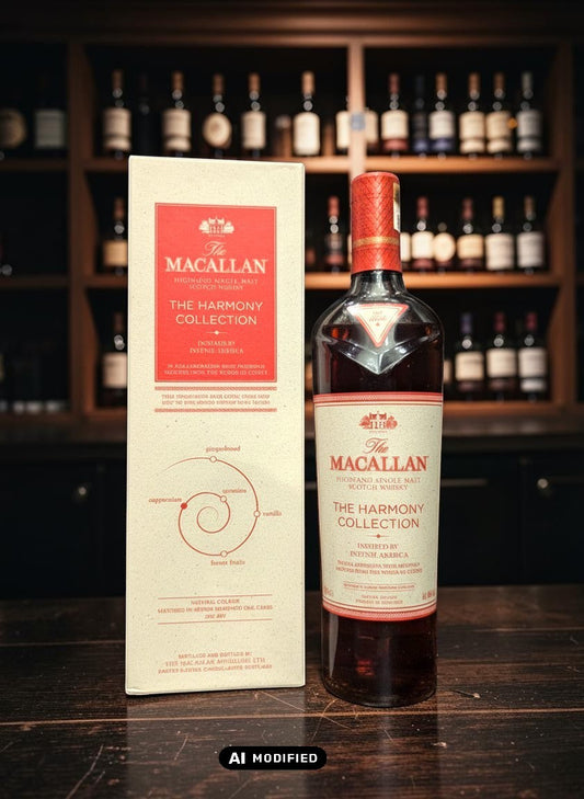 Macallan Harmony Collection Intense Arabica Whisky in 0,7L Flasche mit passender Kartonverpackung, inspiriert von Kaffeearomen.