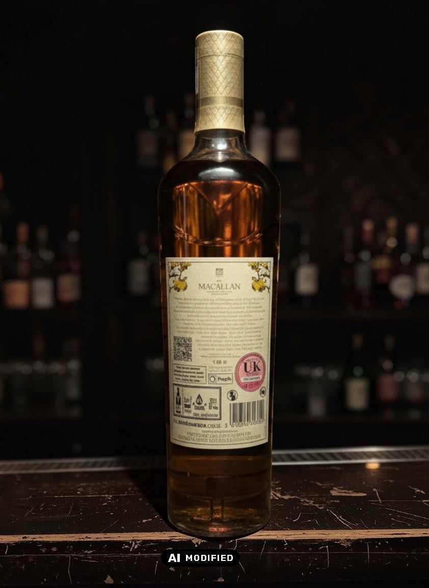 Whiskyflasche Macallan Harmony Collection Vibrant Oak 0,7L mit goldenem Etikett und bernsteinfarbener Flüssigkeit.