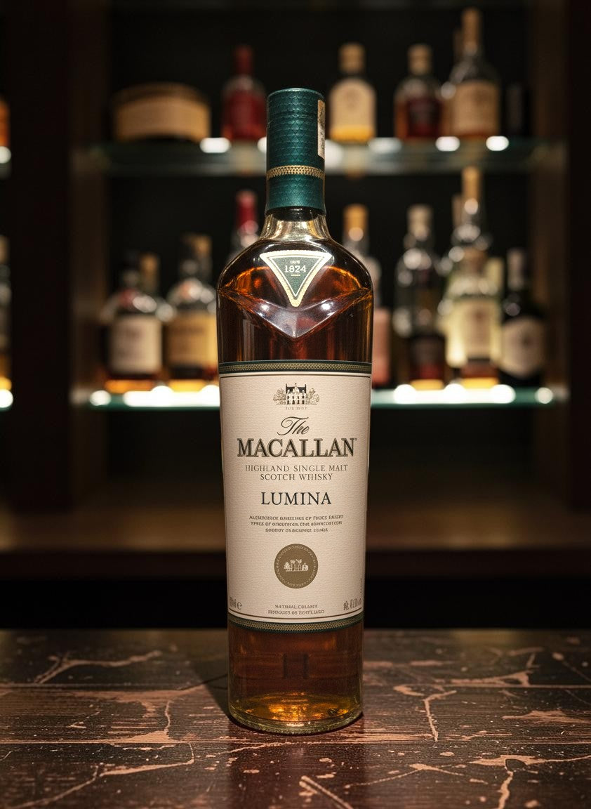Whiskyquartier: The Macallan Lumina Highland Single Malt Scotch Whisky in 0,7L Flasche, bernsteinfarben, mit grünem Etikett und silbernen Akzenten.