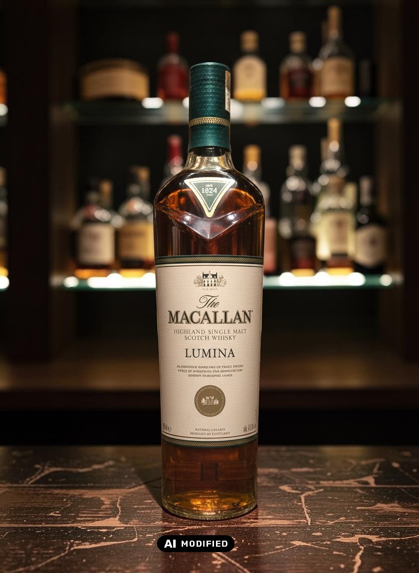 Whiskyquartier: The Macallan Lumina Highland Single Malt Scotch Whisky in 0,7L Flasche, bernsteinfarben, mit grünem Etikett und silbernen Akzenten.