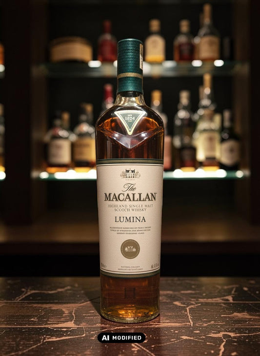 Whiskyquartier: The Macallan Lumina Highland Single Malt Scotch Whisky in 0,7L Flasche, bernsteinfarben, mit grünem Etikett und silbernen Akzenten.