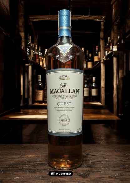Whiskyquartier: Macallan Quest Collection 1L Single Malt Scotch Whisky in klarer Flasche mit blau-weißem Etikett.