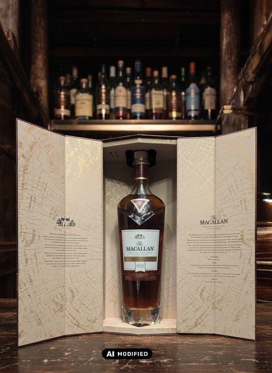 Macallan Rare Cask 2022 Single Malt Scotch Whisky in einer eleganten Flasche mit rubinroter Mahagonifarbe, präsentiert in einer aufklappbaren Box.