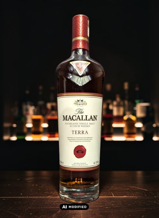 The Macallan Terra Single Malt Scotch Whisky 0,7L in Quest Collection, gereift in Sherry-Fässern, mit Noten von Karamell und Trockenfrüchten.