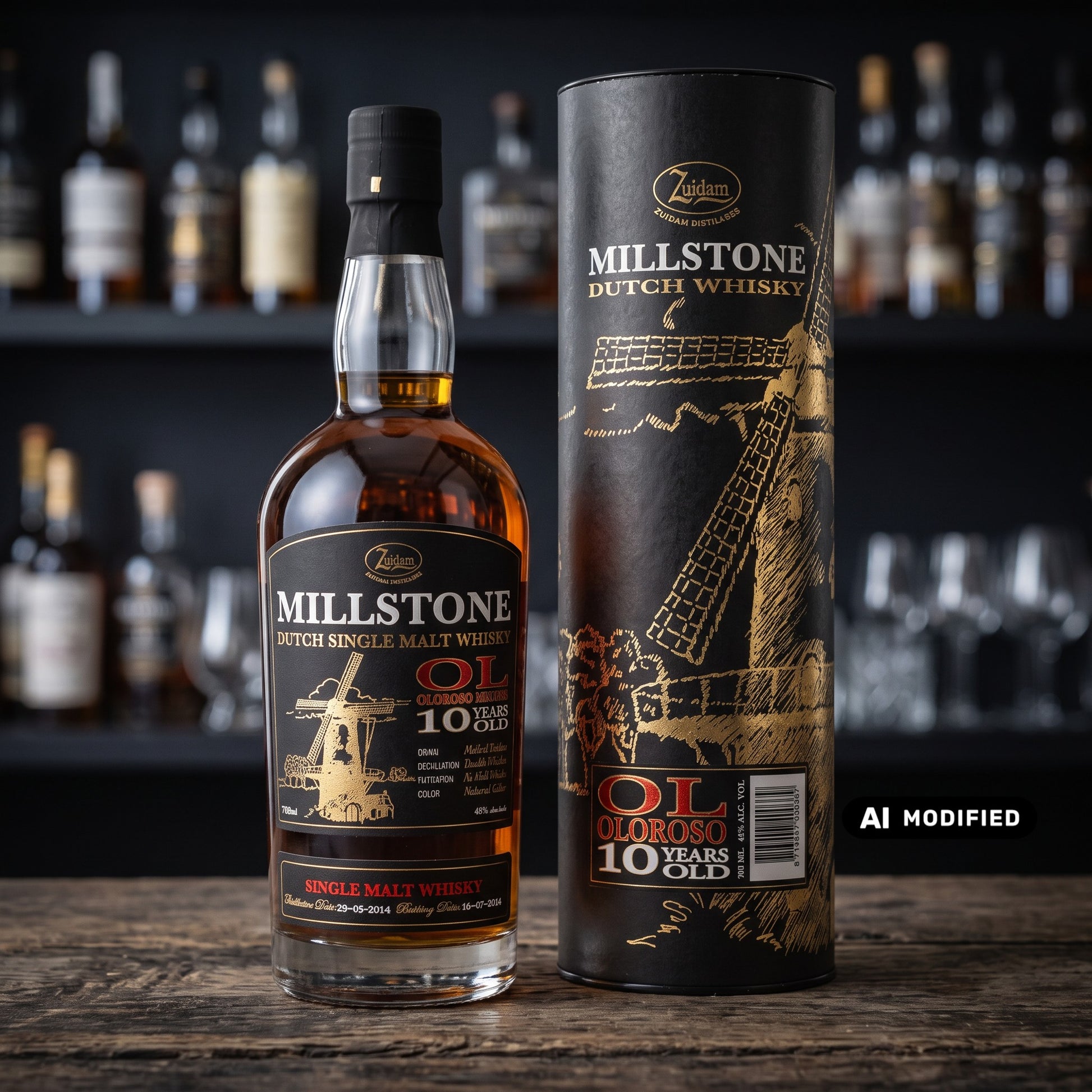 Whiskyquartier Millstone 10 Jahre Oloroso Casks Special #33 Single Malt Whisky mit Geschenkverpackung auf Holztisch