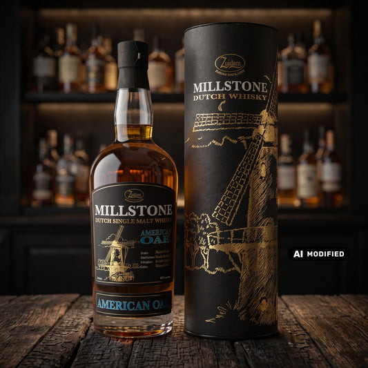 Whiskyquartier Millstone Dutch Single Malt American Oak Whisky mit schwarzer Geschenkdose auf Holztisch