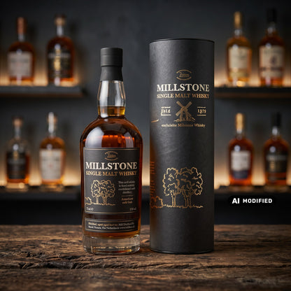 Whiskyquartier Millstone Dutch Single Malt American Oak Flasche mit schwarzer Geschenkdose auf rustikalem Holztisch