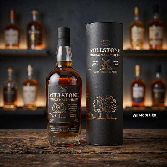 Whiskyquartier Millstone Dutch Single Malt American Oak Flasche mit schwarzer Geschenkdose auf rustikalem Holztisch