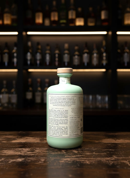 Nc'nean Organic Whiskylikör Quiet Rebels Sarah 0.7L Flasche mit hellem Holzverschluss auf dunklem Holzuntergrund