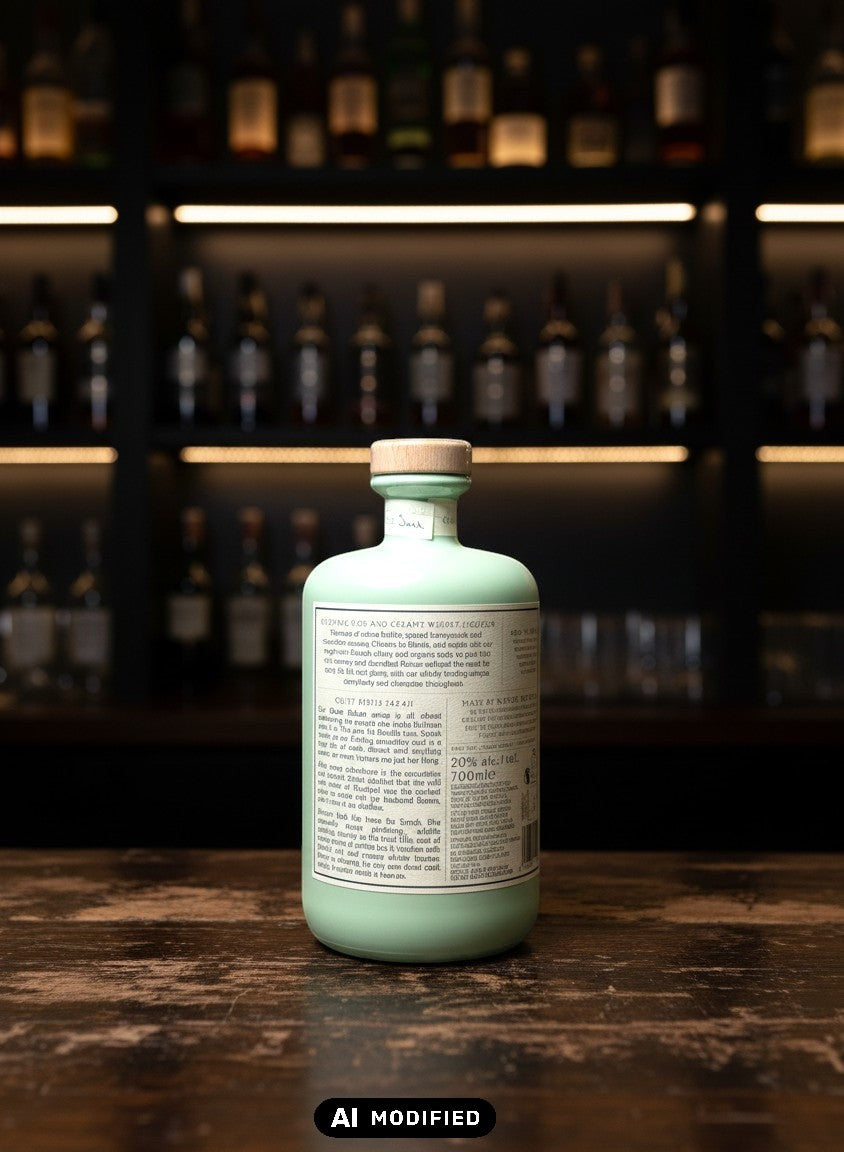 Nc'nean Organic Whiskylikör Quiet Rebels Sarah 0.7L Flasche mit hellem Holzverschluss auf dunklem Holzuntergrund