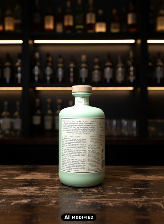Nc'nean Organic Whiskylikör Quiet Rebels Sarah 0.7L Flasche mit hellem Holzverschluss auf dunklem Holzuntergrund