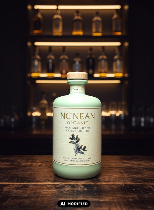 Nc'Nean Organic Whiskylikör Sarah, ein cremiger schottischer Bio-Likör in einer hellgrünen Flasche mit Holzverschluss.