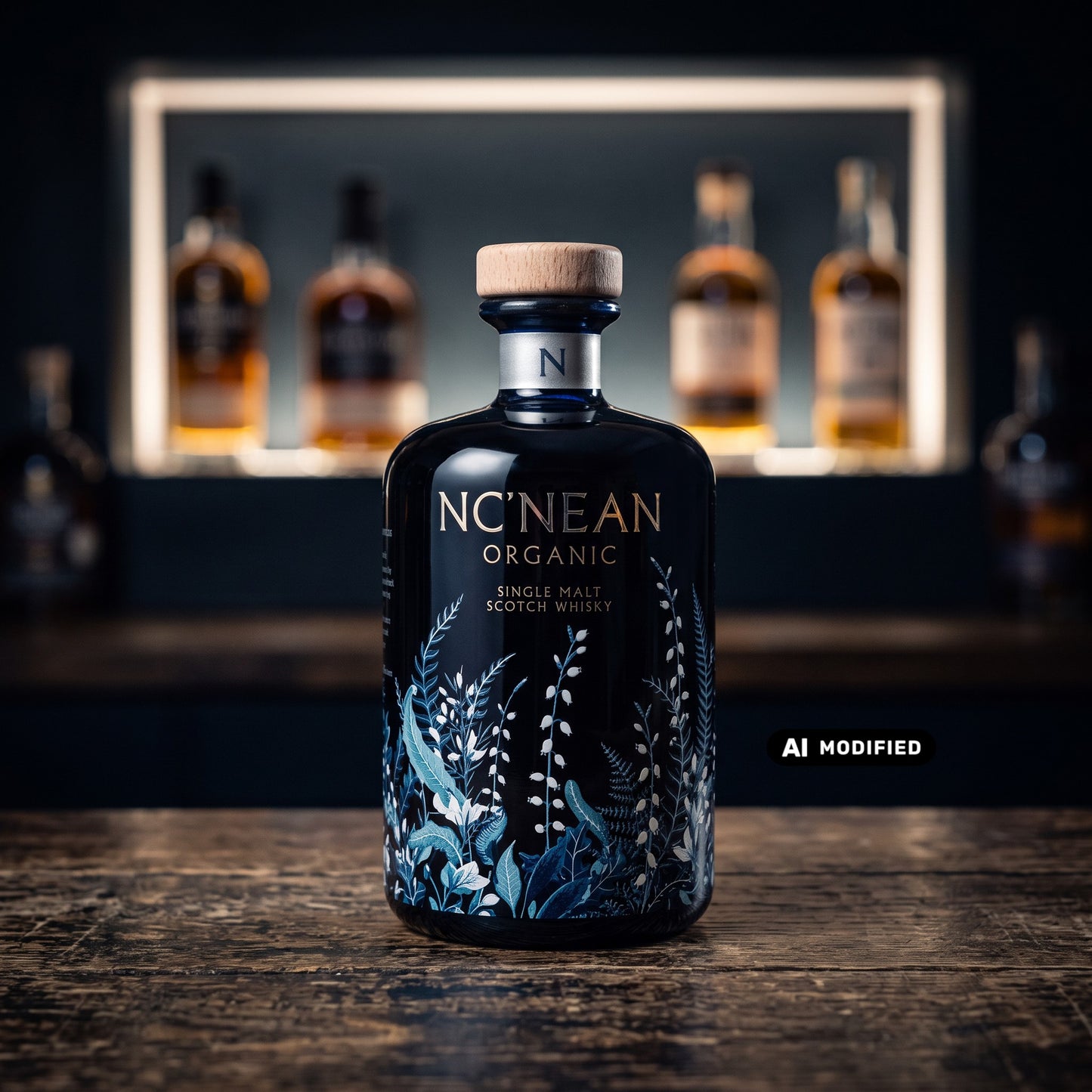 Whiskyquartier Nc'Nean Quiet Rebels Amy Organic Single Malt Whisky in einer dunklen Flasche mit botanischem Design.