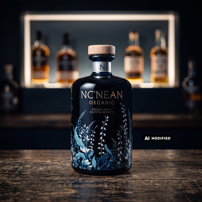 Whiskyquartier Nc'Nean Quiet Rebels Amy Organic Single Malt Whisky in einer dunklen Flasche mit botanischem Design.