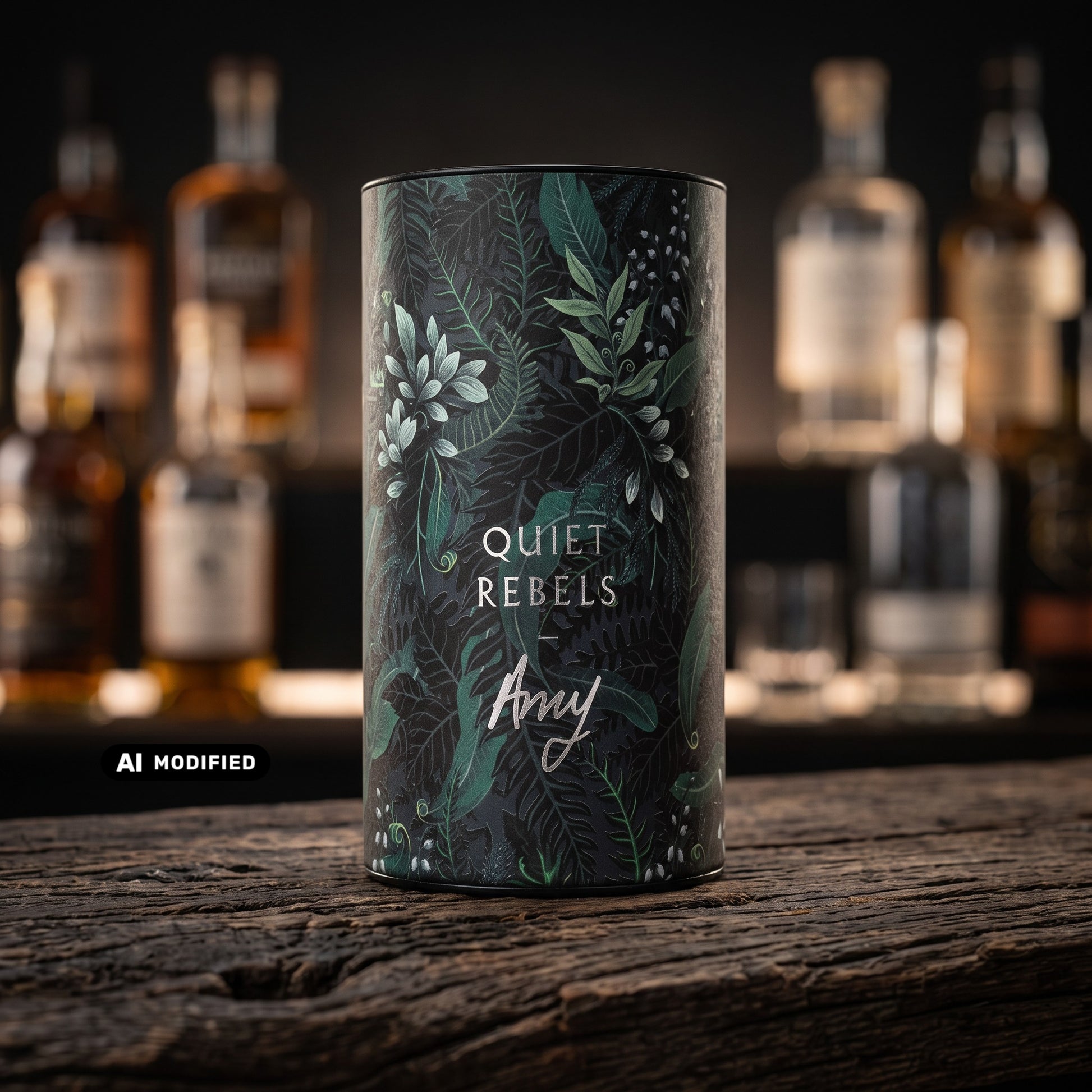 Whiskyquartier Nc'Nean Quiet Rebels Amy Whisky in einer dunkelgrünen, botanisch illustrierten Geschenkdose auf Holz