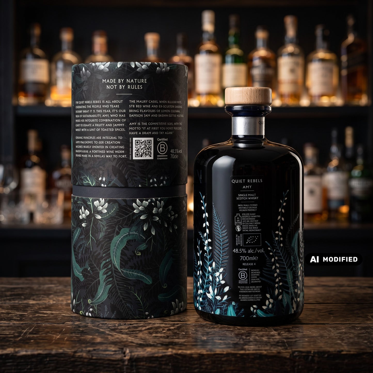 Whiskyquartier Nc'Nean Quiet Rebels Amy Single Malt Whisky in dunkler Flasche mit botanischem Design und Umverpackung
