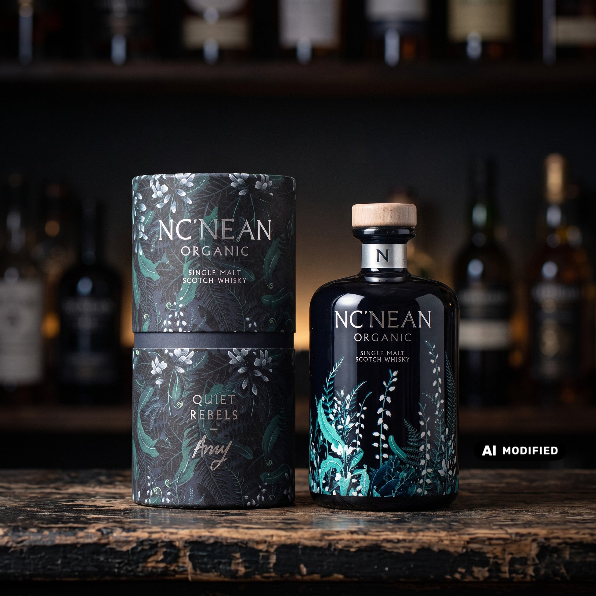 Whiskyquartier Nc'Nean Quiet Rebels Amy Bio Single Malt Whisky in dunkler Flasche mit botanischem Design und Tube