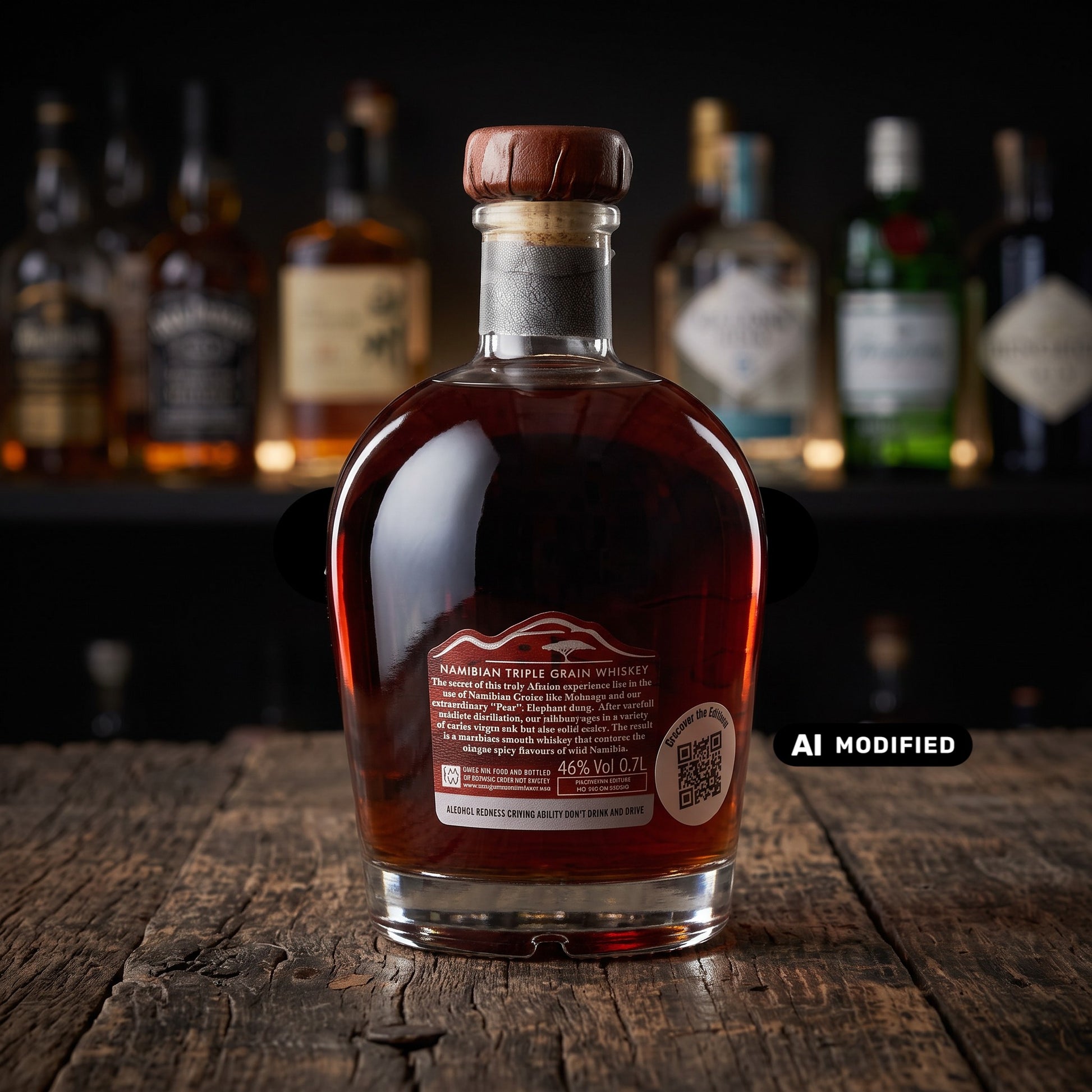 Whiskyquartier Ondjaba Namibian Single Malt in einer Glasflasche mit dunklem Terracotta-Whisky auf einem Holztisch.