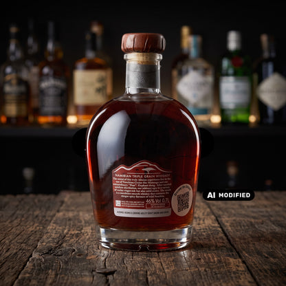 Whiskyquartier Ondjaba Namibian Single Malt in einer Glasflasche mit dunklem Terracotta-Whisky auf einem Holztisch.