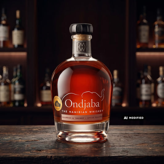 Whiskyquartier Ondjaba Namibian Single Malt Whisky in einer eleganten Flasche mit bernsteinfarbenem Inhalt