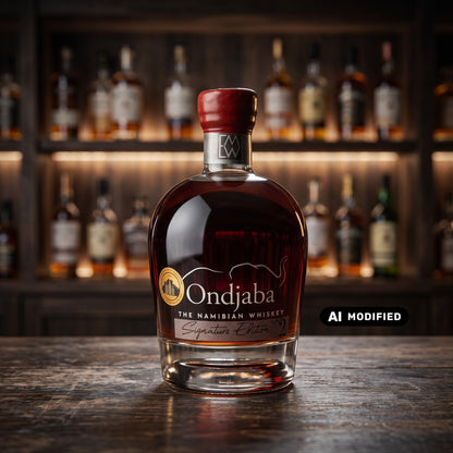 Whiskyquartier Ondjaba Signature Edition 2 Namibian Single Malt in einer Glasflasche mit rotem Verschluss auf Holz