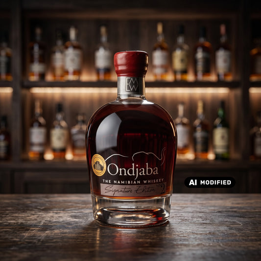 Whiskyquartier Ondjaba Signature Edition 2 Namibian Single Malt in einer Glasflasche mit rotem Verschluss auf Holz