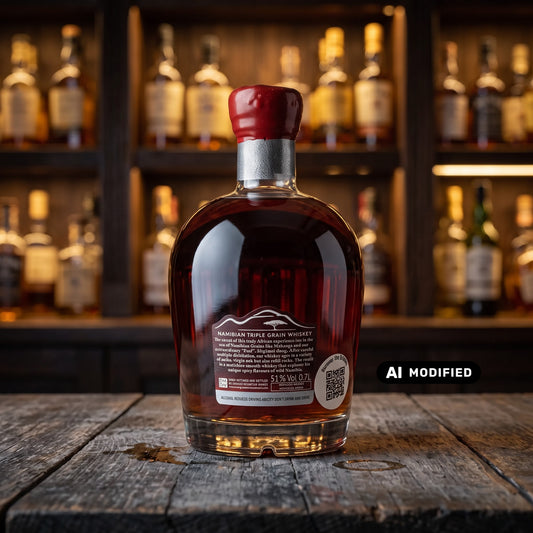 Whiskyquartier Ondjaba Signature Edition 2 Namibian Triple Grain Whiskey in einer Flasche mit rotem Wachssiegel
