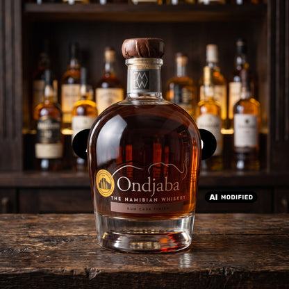 Whiskyquartier Ondjaba Namibian Single Malt mit Rum Cask Finish in einer Glasflasche auf einem Holztisch