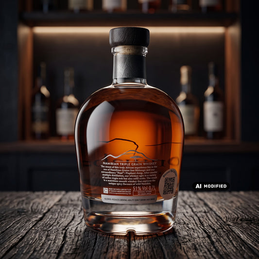 Whiskyquartier Ondjaba Namibian Single Malt Whisky in einer Glasflasche mit bernsteinfarbener Flüssigkeit auf Holz