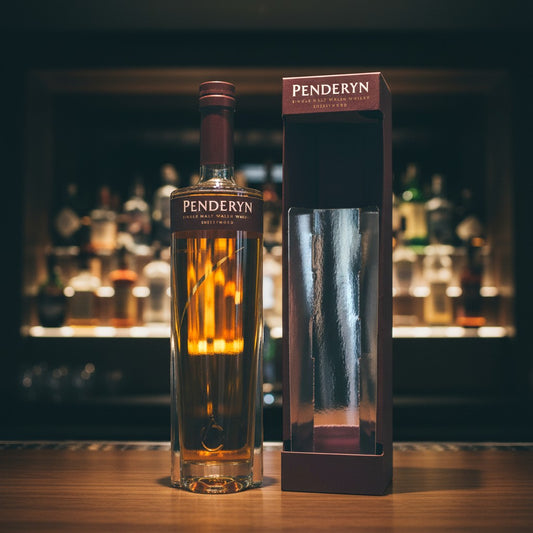 Penderyn Sherrywood Single Malt Welsh Whisky in einer Glasflasche mit dunkelrotem Etikett und Verschluss, daneben eine Geschenkverpackung.