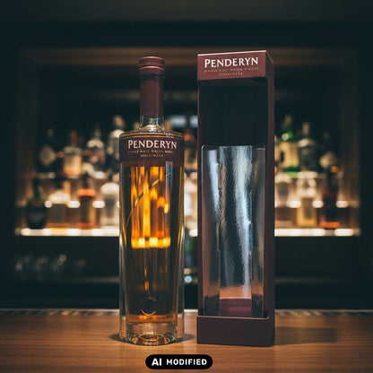 Penderyn Sherrywood Single Malt Welsh Whisky in einer Glasflasche mit dunkelrotem Etikett und Verschluss, daneben eine Geschenkverpackung.