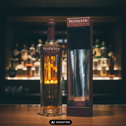 Penderyn Sherrywood Single Malt Welsh Whisky in einer Glasflasche mit dunkelrotem Etikett und Verschluss, daneben eine Geschenkverpackung.