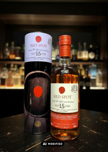 Whiskyquartier Red Spot 15 Jahre alter Single Pot Still Irish Whiskey in bernsteinfarbener Flüssigkeit, 0,7L Flasche mit passender Dose.