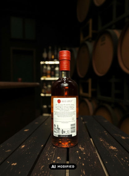 Whiskyquartier Red Spot 15 Jahre Single Pot Still Irish Whiskey in Glasflasche mit rotem Etikett und Verschluss.