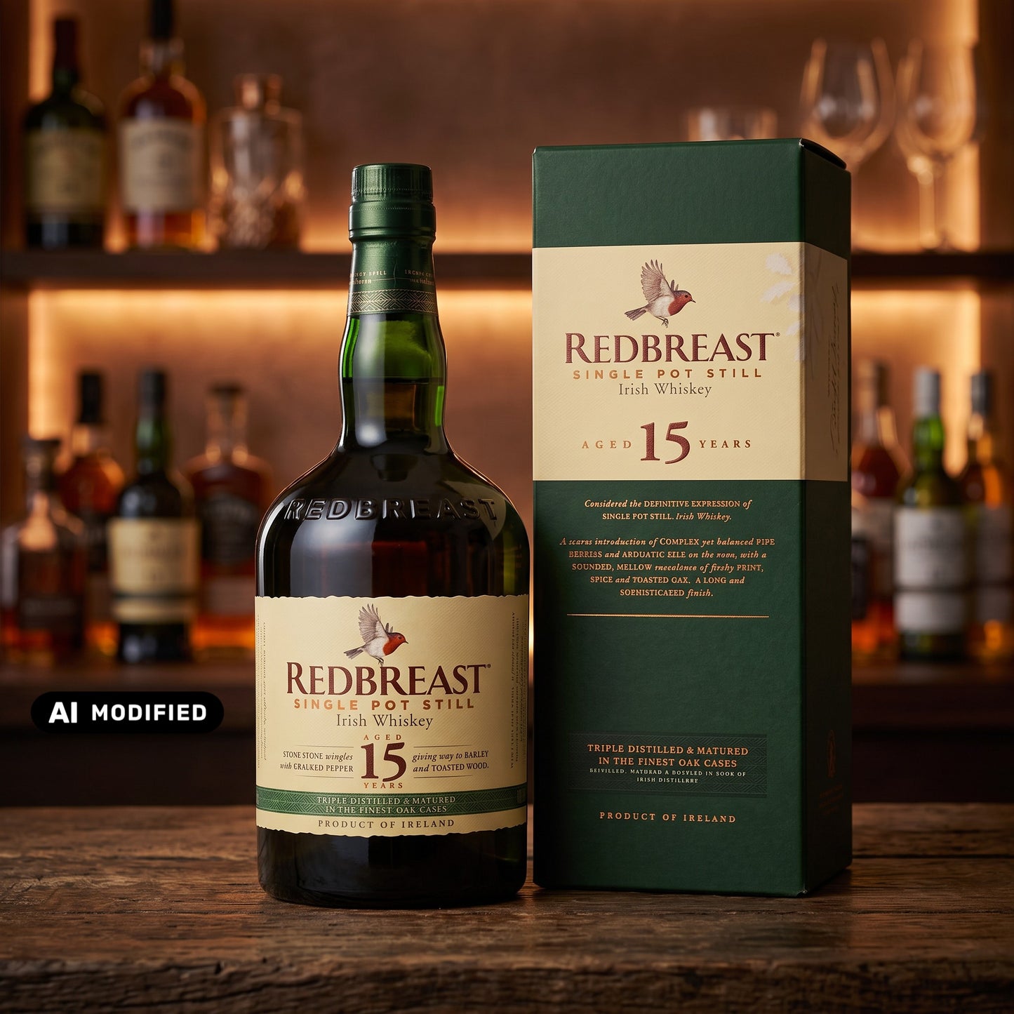 Whiskyquartier Redbreast 15 Jahre Single Pot Still Whiskey in Flasche mit grüner Geschenkverpackung auf Holztisch