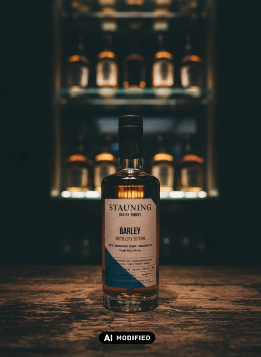 Whiskyquartier Stauning Barley Distillery Edition Rye/Moscatel Cask Second Fill Single Malt Whisky in 0,35L Flasche auf Sand mit Strandhafer