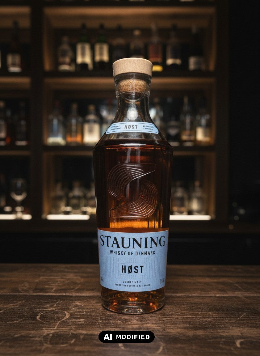 Whiskyquartier Stauning HØST 20th Anniversary Edition Blended Malt Whisky in 0.7L Flasche mit nordischem Design.