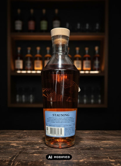 Whiskyquartier Stauning HØST 20th Anniversary Edition 0.7L Flasche mit bernsteinfarbener Flüssigkeit und nordischem Design.