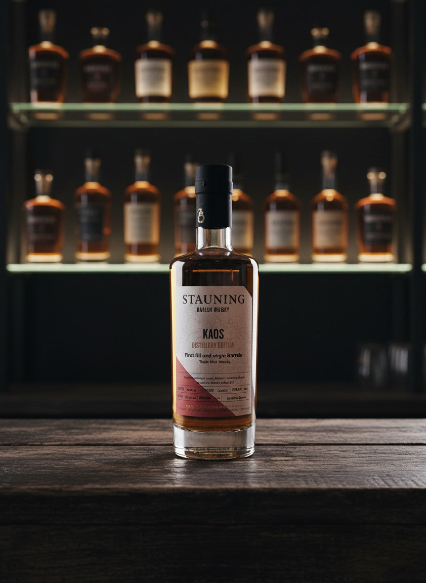 Whiskyquartier Stauning KAOS Triple Malt Whisky in 0.35L Flasche, bernsteinfarben, auf Sand mit Gräsern und blauem Himmel