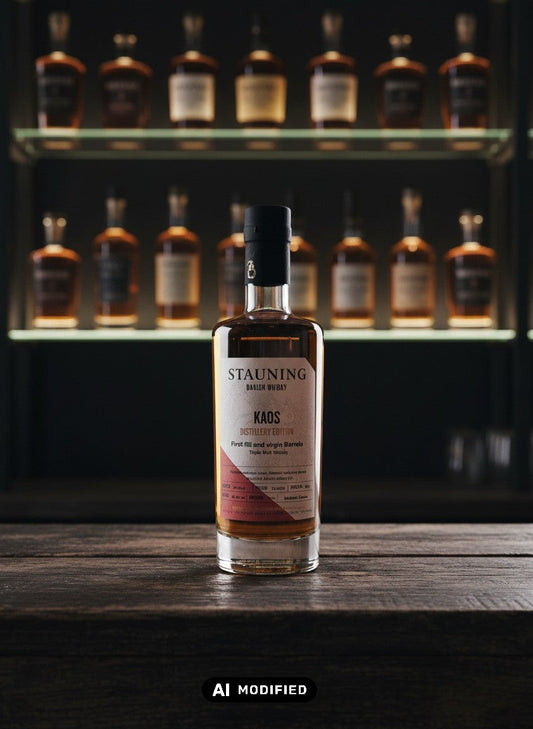 Whiskyquartier Stauning KAOS Triple Malt Whisky in 0.35L Flasche, bernsteinfarben, auf Sand mit Gräsern und blauem Himmel