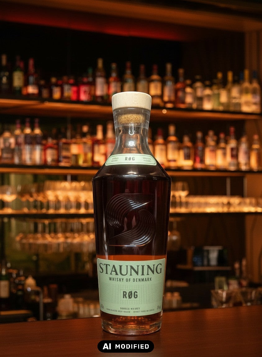 Whiskyquartier Stauning RØG Smoked Double Malt Danish Whisky in a tall glass bottle with a light wood stopper. Amber liquid with golden hues.