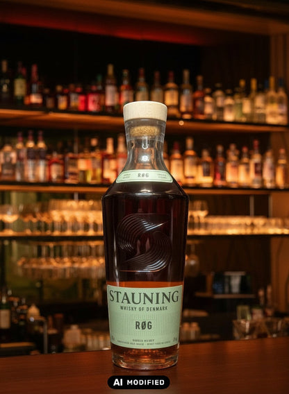 Whiskyquartier Stauning RØG Smoked Double Malt Danish Whisky in a tall glass bottle with a light wood stopper. Amber liquid with golden hues.