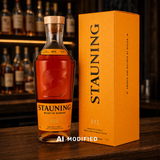 Stauning Rye 20th Anniversary Edition Whisky in einer eleganten Flasche mit gelber Geschenkverpackung auf einem Tresen.