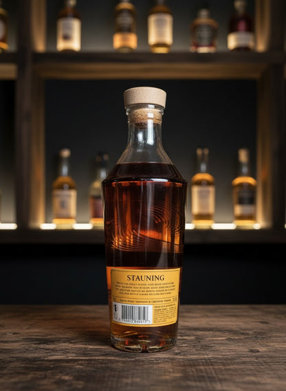 Whiskyquartier Stauning RYE 20th Anniversary Edition 0.7L Flasche mit skandinavischem Design, bernsteinfarbenem Inhalt und Holzkorken.
