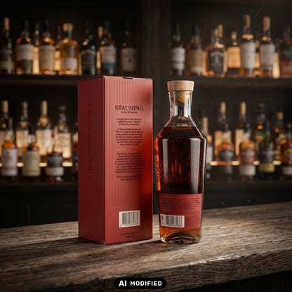 Whiskyquartier Stauning R.Y.E PX Sherry Cask Finish Whisky Flasche mit roter Verpackung auf einem Holztresen