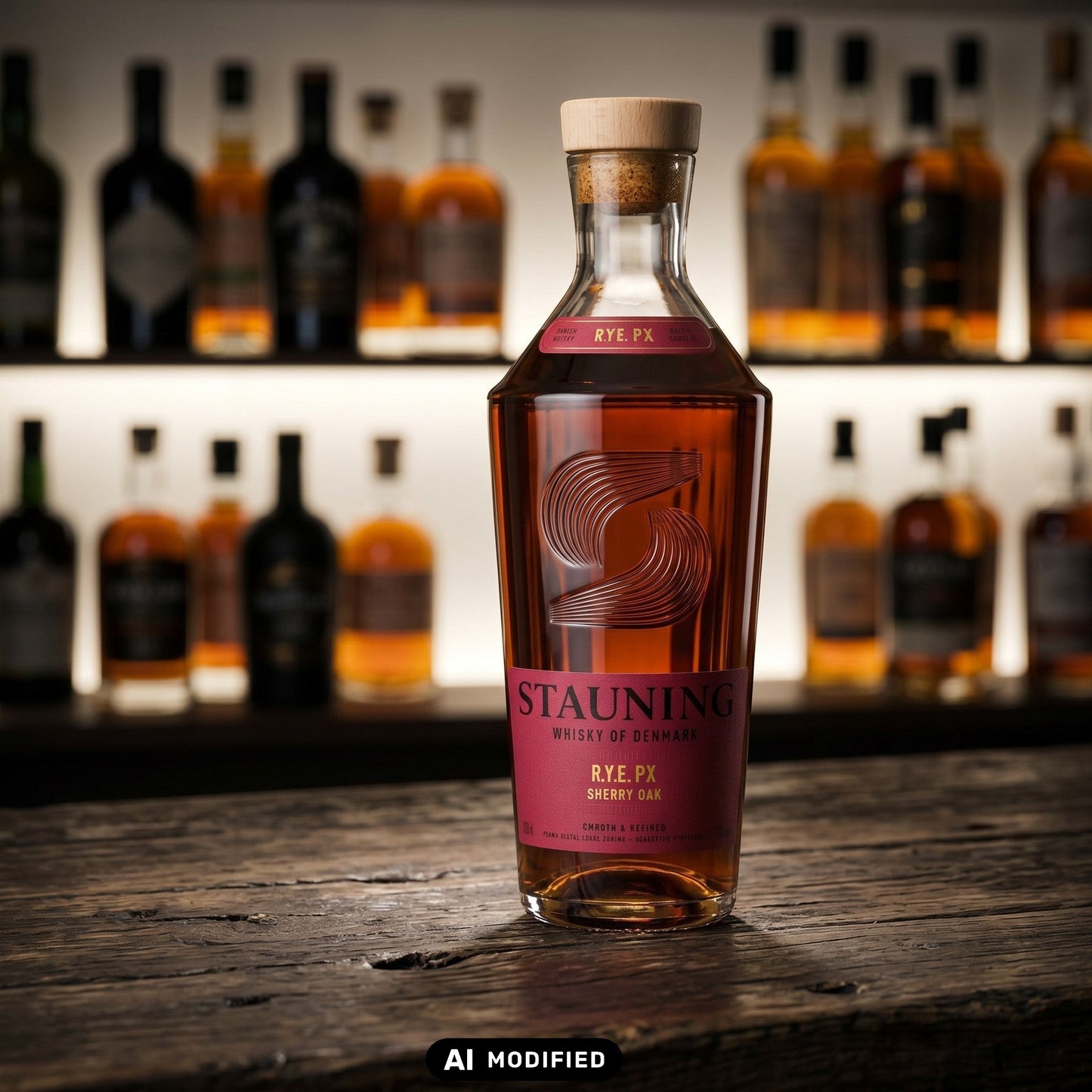 Whiskyquartier Stauning R.Y.E PX Sherry Cask Finish Whisky in einer Glasflasche auf einem rustikalen Holztisch