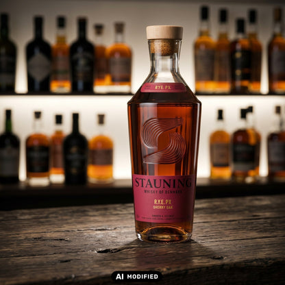 Whiskyquartier Stauning R.Y.E PX Sherry Cask Finish Whisky in einer Glasflasche auf einem rustikalen Holztisch