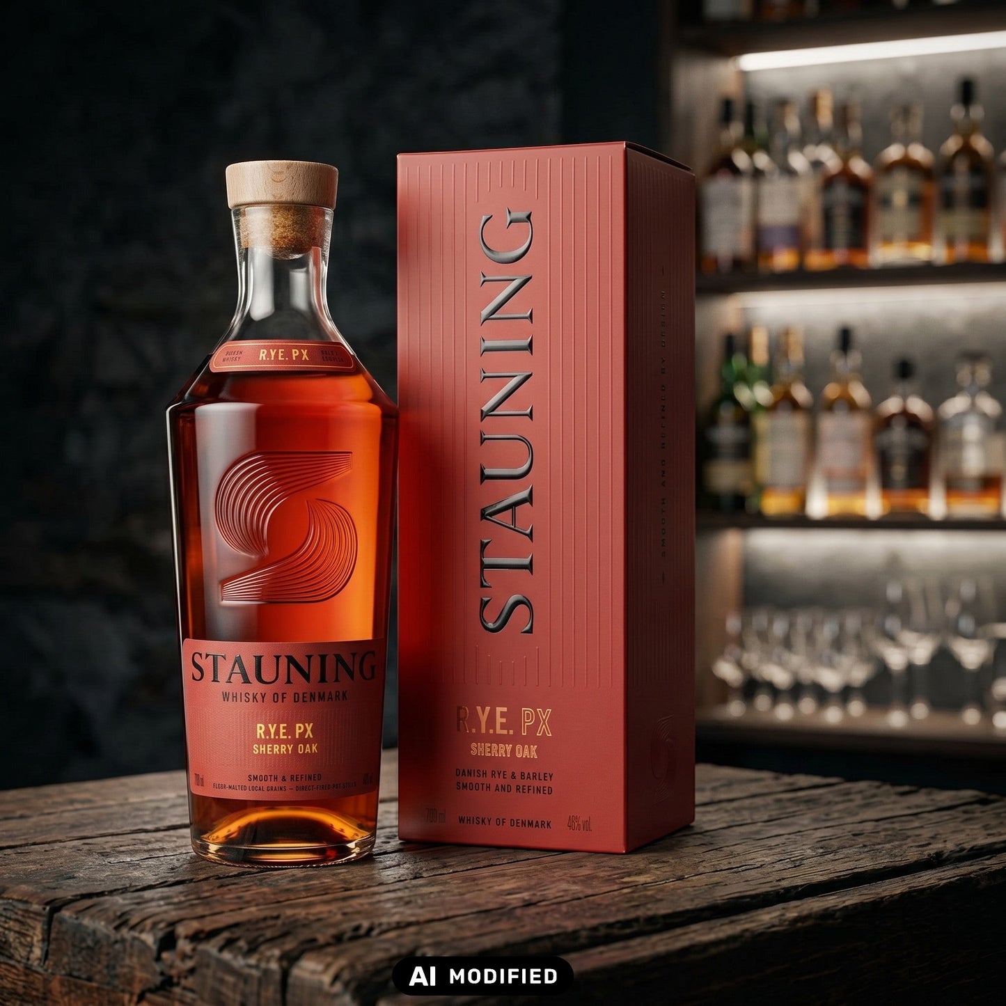 Whiskyquartier Stauning R.Y.E PX Sherry Cask Finish Whisky Flasche mit roter Geschenkverpackung auf Holztisch