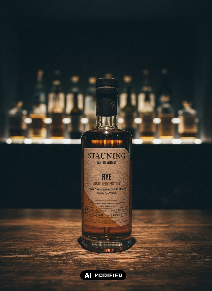 Whiskyquartier Stauning Rye Distillery Edition in Virgin Oak & Barbados Rum Cask, 0,35L, 53,5% Vol. auf Sand mit Strandhafer und Meer im Hintergrund.